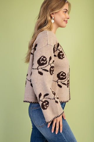Gigio taupe knit cardigan with dark brown rose floral pattern, long sleeves
