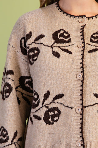 Gigio Rose Print Cardigan featuring floral jacquard knit pattern with button front closure