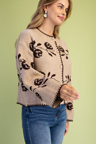 Gigio Rose Print Cardigan with floral knit pattern, button front closure, and long sleeves