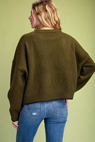 Olive green oversized cropped teddy bear knit sweater with ribbed hem, back view