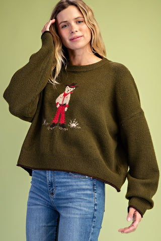 Gigio olive green knit sweater with cowboy teddy bear intarsia graphic