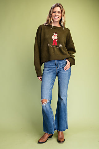 Gigio olive green knit sweater with cowboy teddy bear intarsia graphic