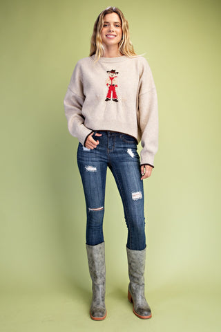 Taupe knit sweater with cowboy teddy bear graphic, wide sleeves, rolled hem