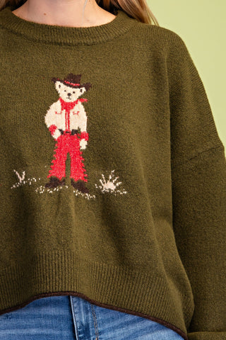 Olive green knit sweater with intarsia cowboy teddy bear graphic in red and cream