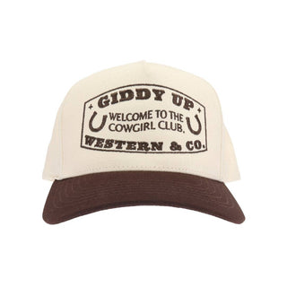 Cream and brown two-tone trucker hat with Giddy Up Cowgirl Club embroidery