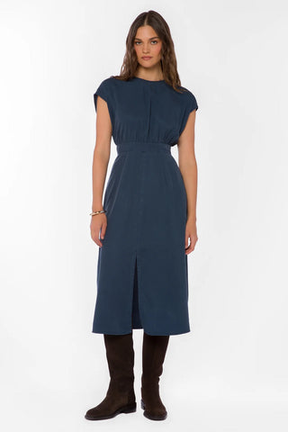 Navy blue cap sleeve midi dress with cinched waist and front slit