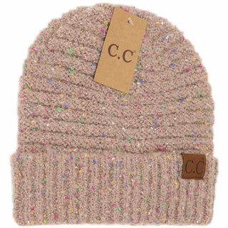 C.C beige confetti boucle knit cuff beanie with multicolor speckled pattern