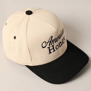 Cream and black two-tone corduroy baseball cap with American Honey embroidery