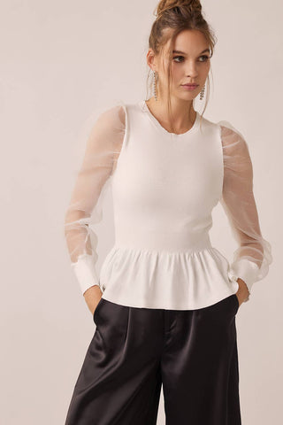 The Ellie Organza Puff Sleeve Peplum Blouse – Off White
