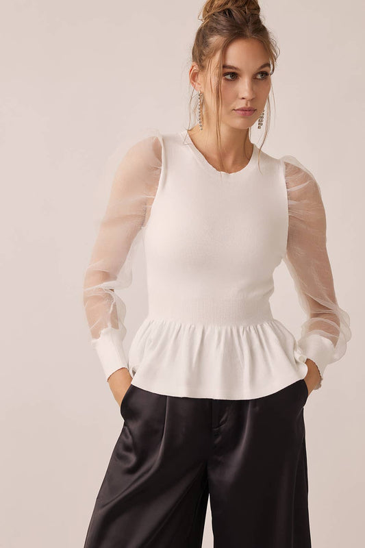 The Ellie Organza Puff Sleeved Peplum Sweater Blouse in Off White