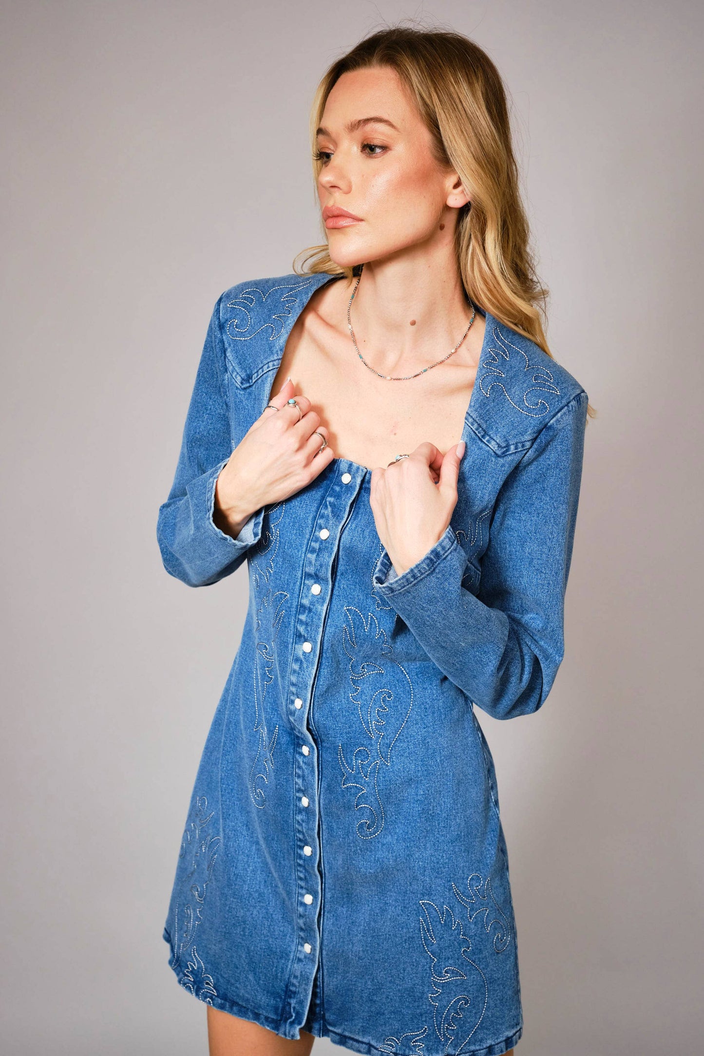 The Abilene Embroidered Snap Front Denim Minidress