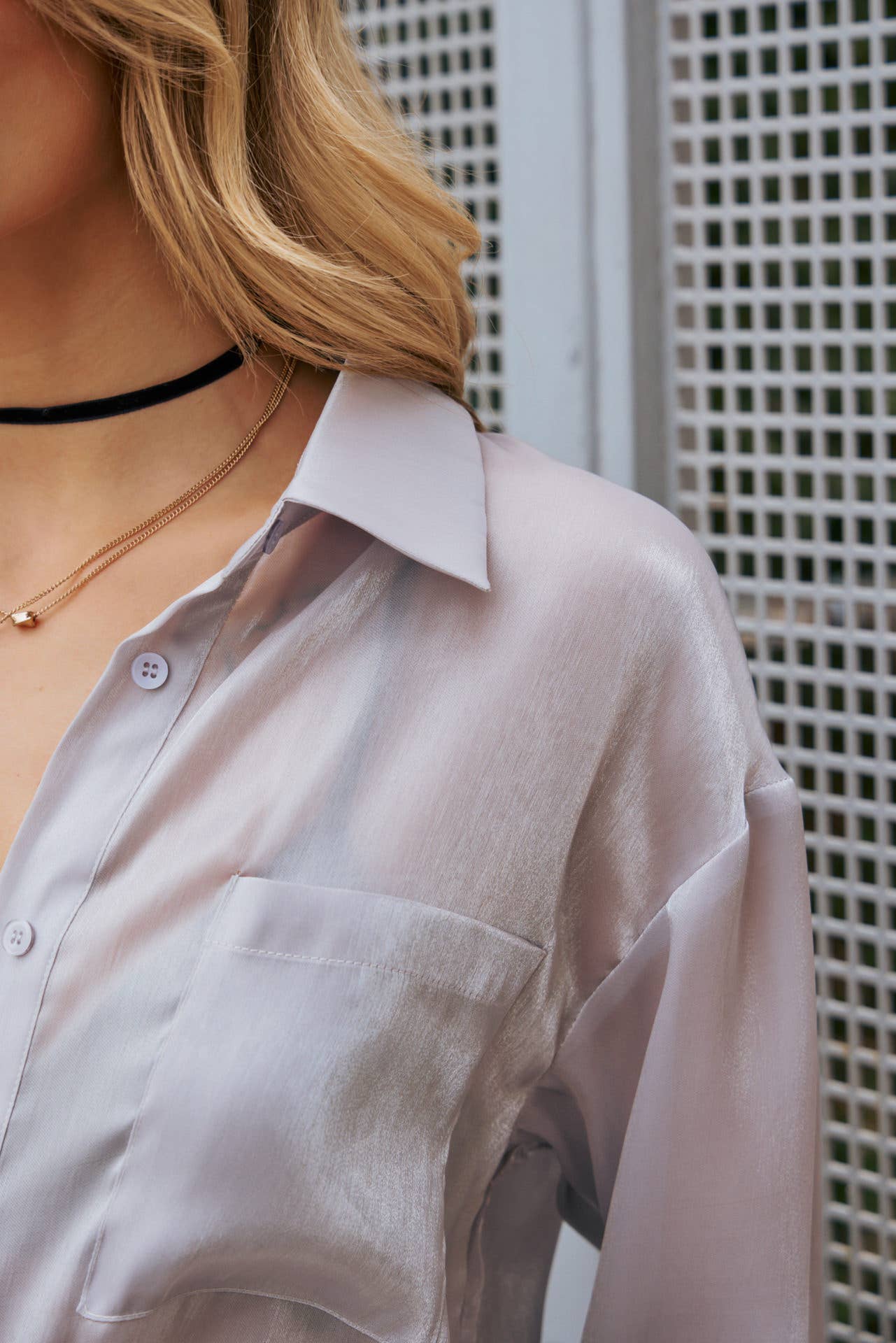 The Willa Shiny Sheer Classic Button Down in Silver