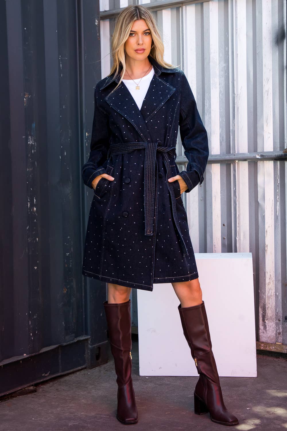 The Rhinestone Cowgirl Denim Trench Coat
