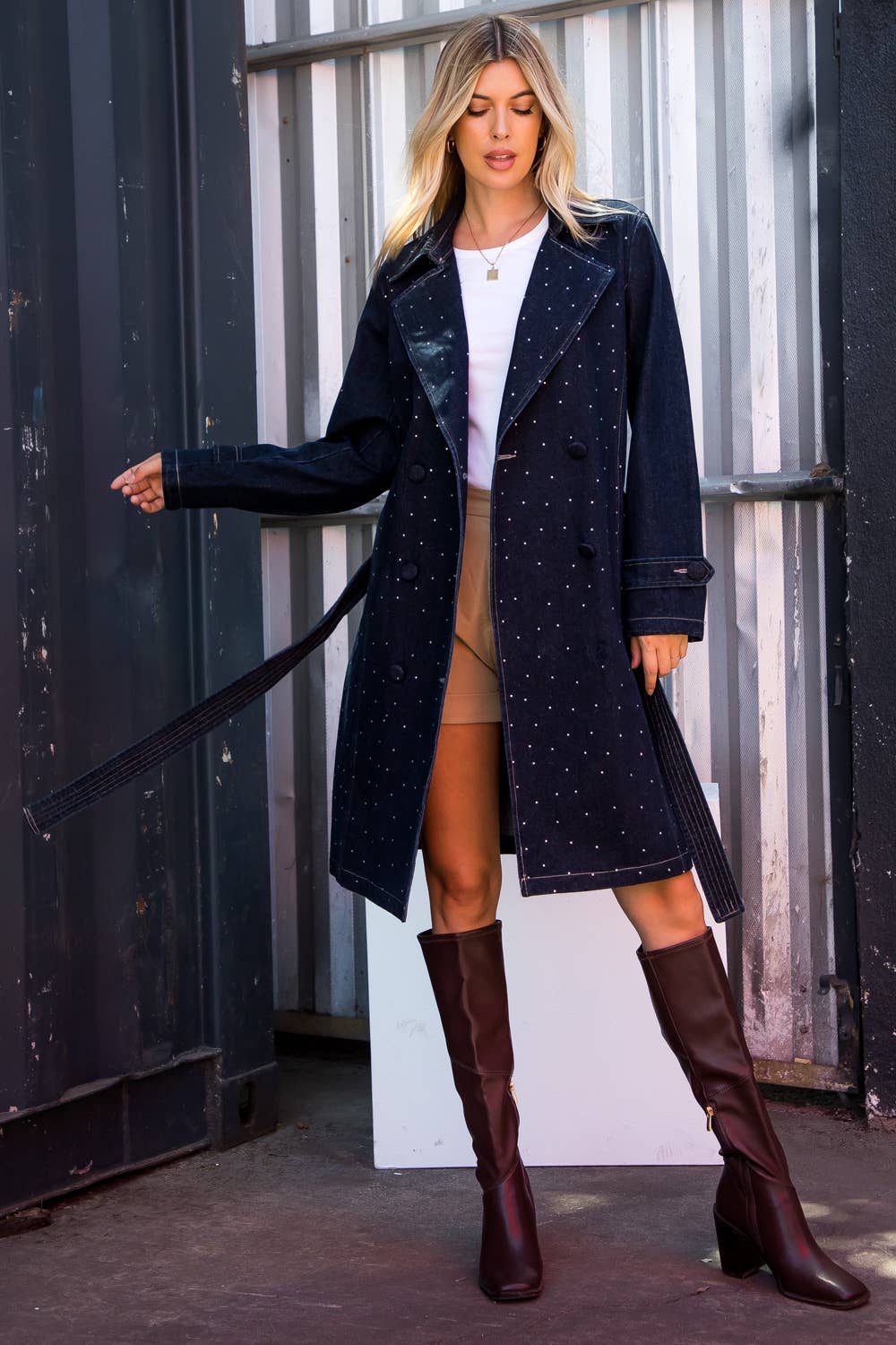 The Rhinestone Cowgirl Denim Trench Coat