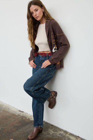 Brown jacquard knit cardigan with cowboy rope pattern and shawl collar