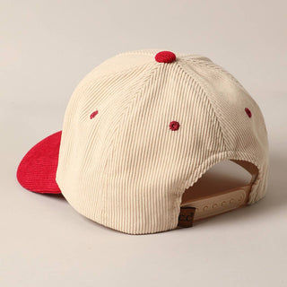 Cream and red two-tone corduroy snapback baseball cap, back view