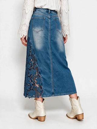 Medium wash denim midi skirt with blue floral crochet lace side panel detail
