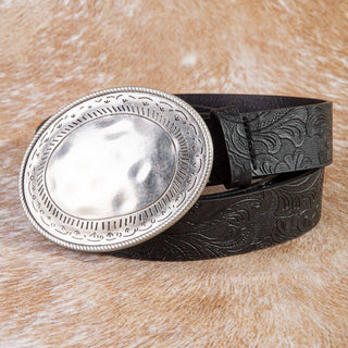 Black embossed vegan leather western belt with large oval silver hammered buckle