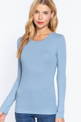 Women's dusty blue long sleeve crew neck fitted cotton jersey top