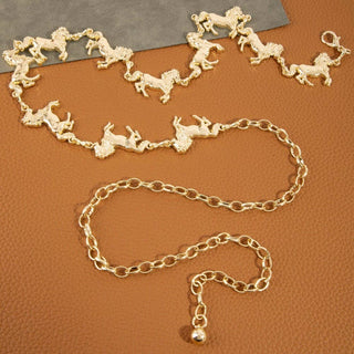 Gold-tone chain belt featuring linked galloping horse figures with lobster clasp closure