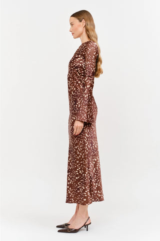 Sofie the Label Georgie maxi dress in brown deer spot print with long sleeves