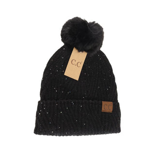 Black sequin knit beanie with faux fur pom-pom and C.C brand leather patch