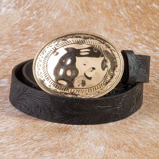 Black embossed vegan leather western belt with large oval gold hammered buckle