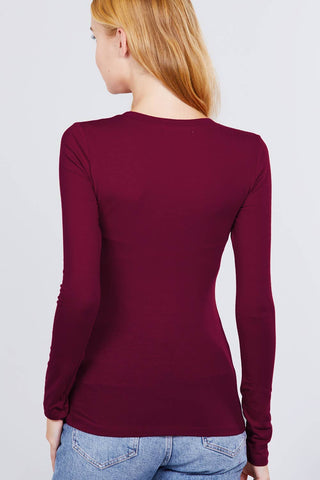 Women's burgundy long sleeve crew neck fitted cotton spandex jersey top, back view