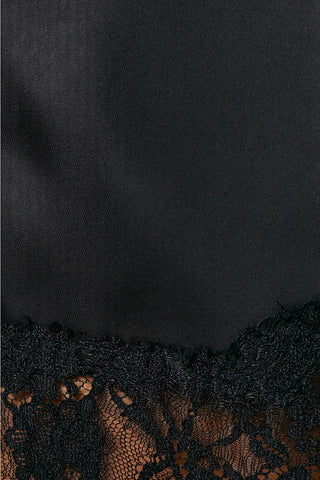 Black satin lounge short with floral lace trim hem detail, midnight blue