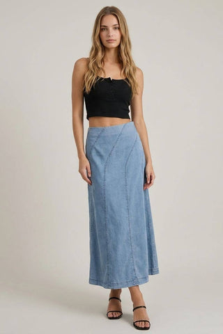 The Mabel Diagonal Line Denim Midi Skirt