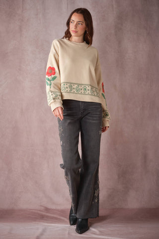 Cream sweatshirt with red floral and green paisley print, long sleeves