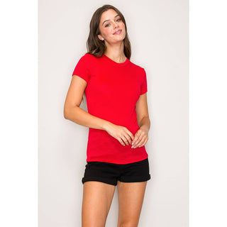 Women's red crew neck short sleeve ribbed knit fitted basic tee with black shorts