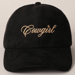 Black suede baseball cap with gold embroidered Cowgirl script lettering and star accent