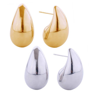 Chunky teardrop stud earrings in polished gold and silver finishes, two pairs