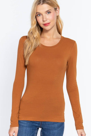 Women's caramel brown long sleeve crew neck fitted cotton jersey top