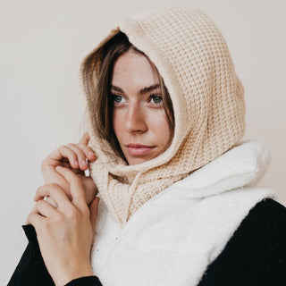 Pretty Simple Bailey Balaclava in cream knit waffle texture worn as hood