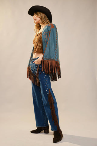 The Western Fringe Cape Jacket in Dark Teal