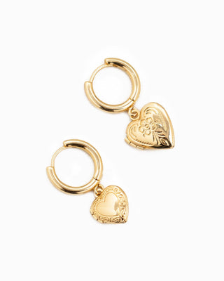 Gold hoop earrings with engraved heart locket charms, floral western detail