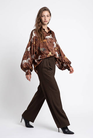 Oversized brown equestrian horse print silky shirt with voluminous puff sleeves
