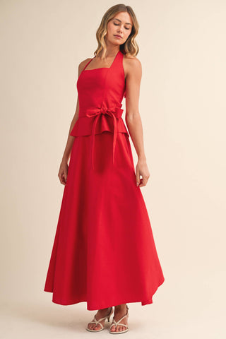 The Serena Square Neck Belted Halter Top & Flare Maxi Skirt