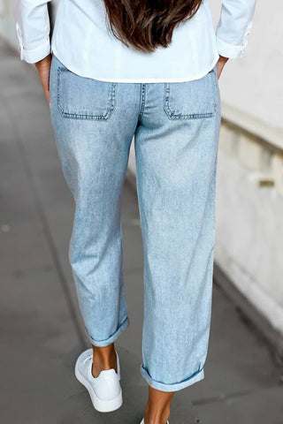 Aapparella light wash drawstring jeans with back pockets and rolled cuffs