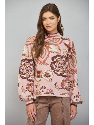 FATE pink floral jacquard mock neck sweater with balloon sleeves