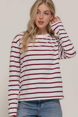 White long sleeve tee with burgundy horizontal stripes and round neckline