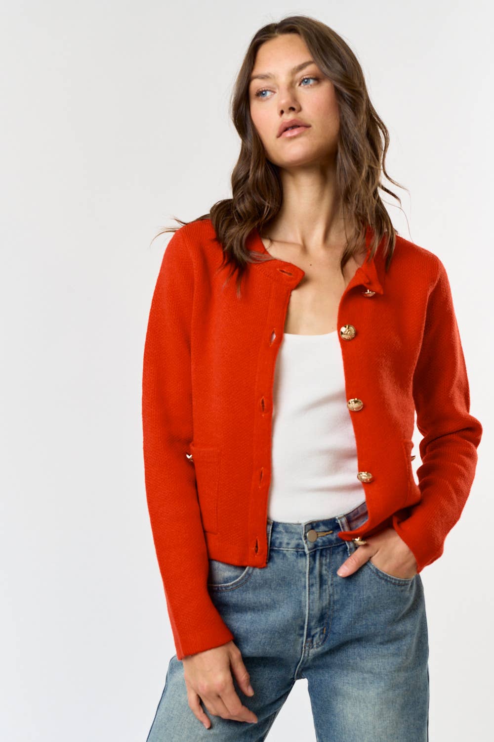 The Lila Button Front Sweater Cardigan in Red