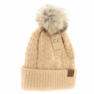C.C beanie camel smocked knit cuffed beanie with faux fur pom pom