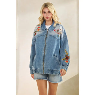 The Raelynn Embroidered Denim Jacket in Blue