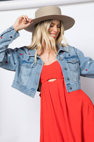 The Star Embroidered Crop Denim Jacket