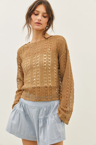The Ruthie Sheer Floral Crochet Top with Bell Sleeves