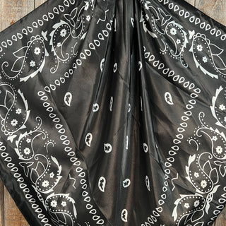 Black satin wild rag scarf with white paisley bandana print pattern