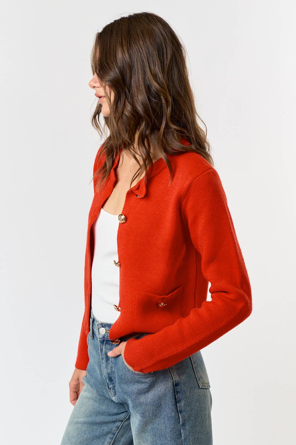 The Lila Button Front Sweater Cardigan in Red